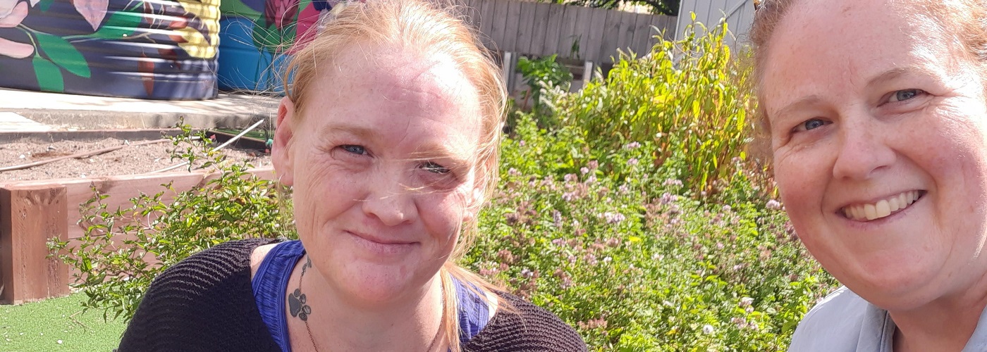 Carol (HPP Client) and Julie (CHRN HPP) with harvested tomatoes