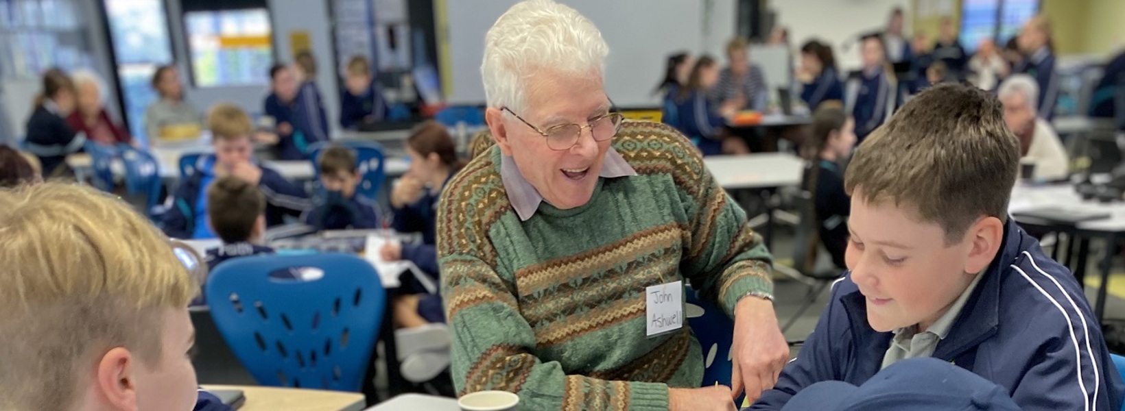 Westhaven resident John with his digital life story students Westhaven resident John with his digital life story students