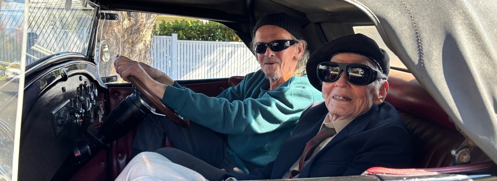 James going for a ride in a hot rod with owner Bruce.jpg James going for a ride in a hot rod with owner Bruce.jpg